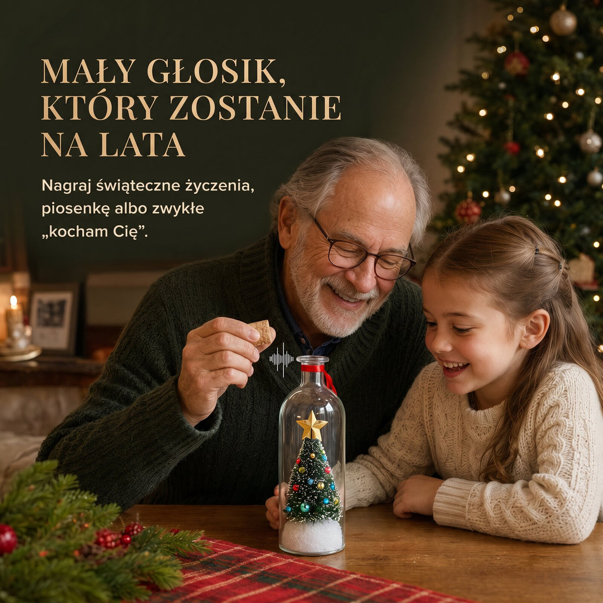 Dziadek i wnuczka z choinką w butelce