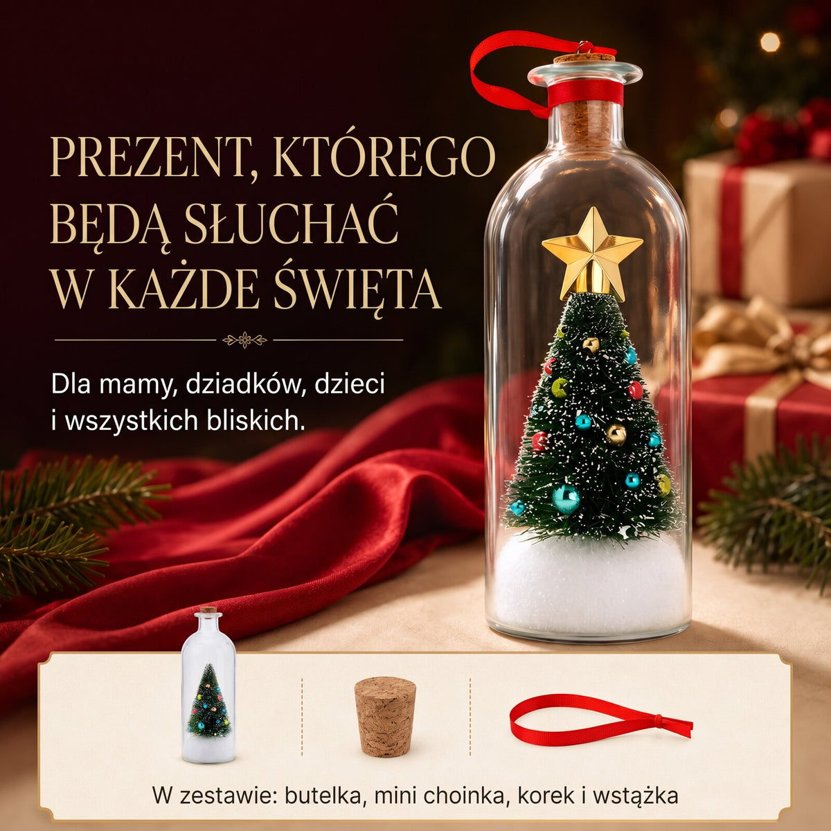 Zawartość zestawu: butelka, choinka, korek, wstążka